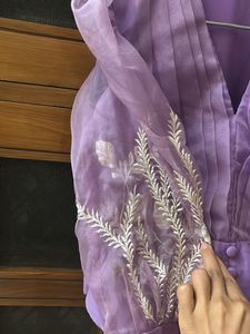 Lavender Organza Embroidered Puff Sleeve Blouse