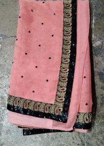 Peach Saree with Black Border