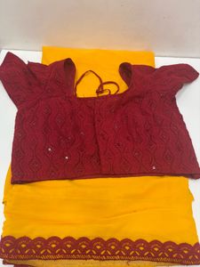 Maroon Embroidered Blouse with Yellow Saree