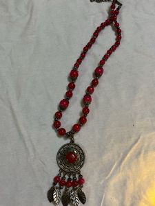 Boho Red Beaded Necklace with Leaf Pendants