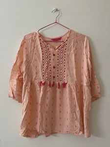 Peach Embroidered Kurta with Tassels