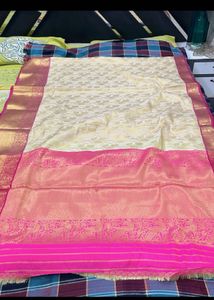 Elegant Cream &amp; Pink Banarasi Silk Saree