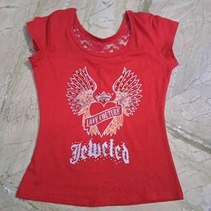 Red Lace Trim Graphic T-Shirt