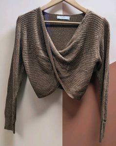 Chic Brown Wrap-Front Knit Sweater