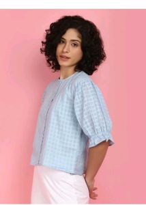 Chic Light Blue Checkered Button-Up Top