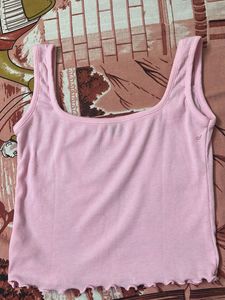 Cute Pink Ribbed Lettuce Hem Tank Top