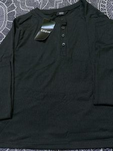 SHEIN Black Ribbed Henley Top