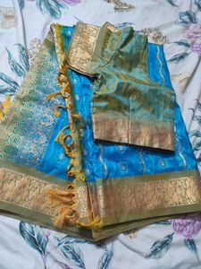 Pattu Blue & Gold Sari with Blouse