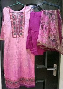 pink lawn cotton  suit set