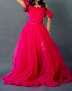 Stunning Pink Off-Shoulder Tulle Gown