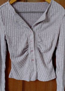 Ribbed Button-Up Long Sleeve Top