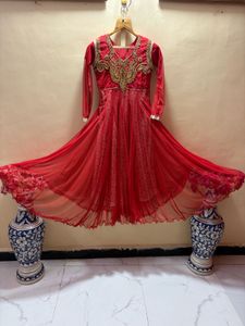 handwork Red Ethnic Gown with Embellishments