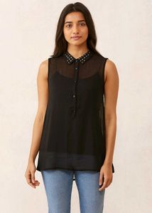 Black Sheer Studded Collar Sleeveless Top