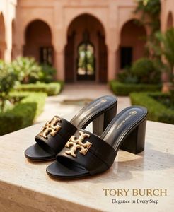 Tory Burch Black Leather Gold Logo Heels