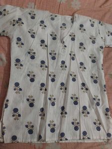 White Kurta with Blue Floral Print