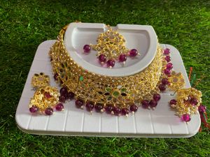 Mirror Work Necklace With Golden Base Wine Stone