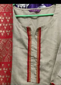 Elegant Beige Kurta Set with Red Dupatta