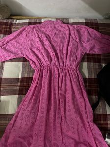 Vibrant Pink Printed Button-Up Midi Dress