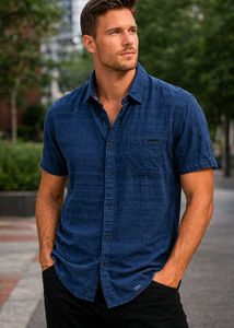 Men's Blue Short Sleeve Button-Up Shirt