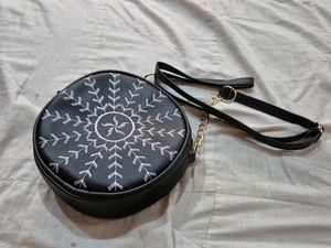 Chic Black Round Bag with White Embroidery