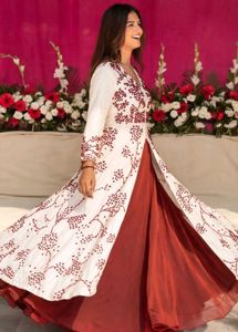 Elegant White &amp; Maroon Embroidered anarkali Set