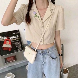 Korean Pintrest Cream Cropped Blazer Top with Flor