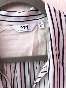 Navy Blue Striped Tie Neck Blouse