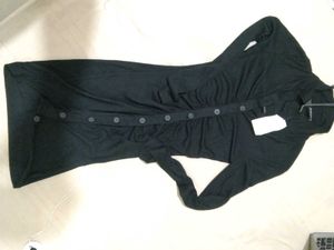 Black Button-Up Ruched Midi Dress