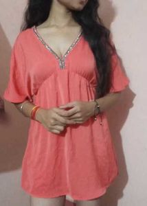 Coral Kaftan Top with Embellished Neckline