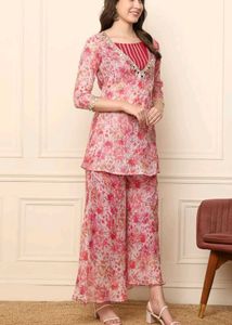 Beautiful Pink Floral Kurta Set with Mirror Work