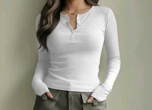 Ribbed Henley Long Sleeve Top