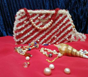 🌹Red &amp; White handmade Striped Fuzzy Clutch