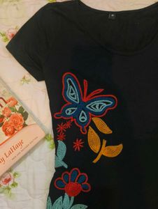 Black T-Shirt with Embroidered Butterfly