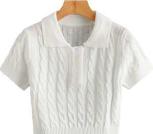 Chic White Cable Knit Polo Top