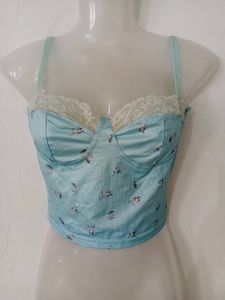 Light Blue Floral Lace Trim Bra Top