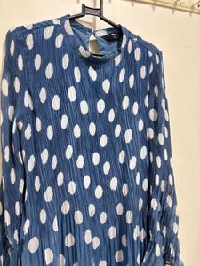 Blue Polka Dot Pleated Midi Dress