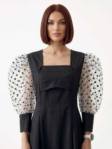 Chic Black Polka Dot Puff Sleeve Dress(XS)