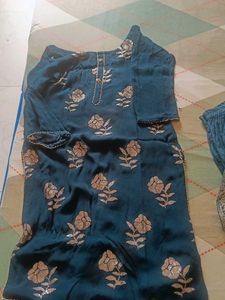 Elegant Teal Kurta Set with Golden Floral Print