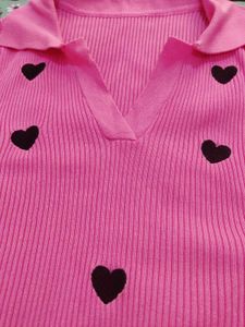 savana Pink Heart Knit Polo Top