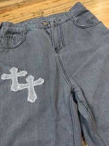 Stylish Grey Jeans with Cross Patches