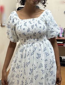 White & Blue Floral Smocked Puff-Sleeve Mini Dress