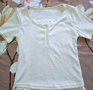Ribbed Henley Top with Lace Trim