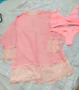 Sheer Pink Lace Robe &amp; Lingerie Set