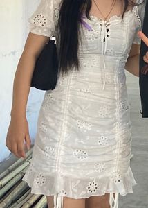 White Eyelet Ruched Mini Dress