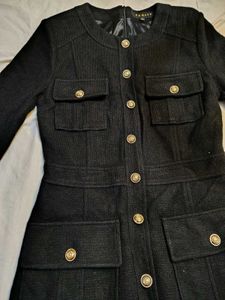 Chic Black Tweed Dress with Gold Buttons
