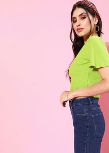Lime Green Ruffle Sleeve Crop Top