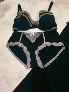 Black Lace Trim Nighty &amp; Lingerie Set