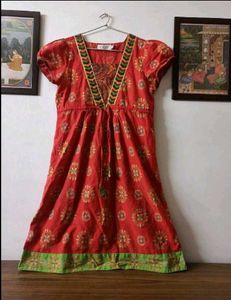 Red Ethnic Printed Fit-n-Flair Midi Dress