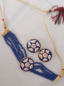 Blue Beaded Choker with Enamel Earrings