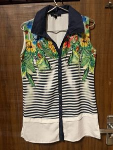 Floral & Striped Sleeveless Button-Up Top